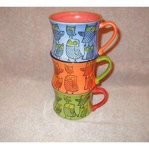 Pier 1 Imports Stacking Stoneware Mugs Set Of 3 Hand Painted Whimsical Bird Owl